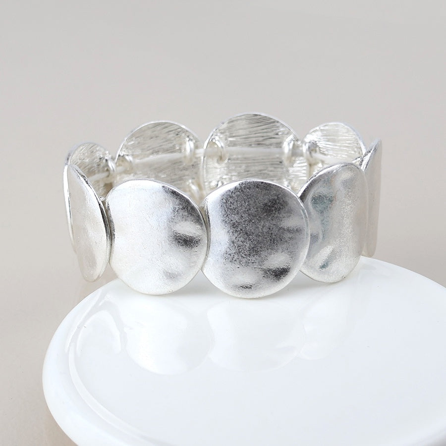 Bracelet: Stretch Overlapping Organic Discs   - Faux Silver - POM