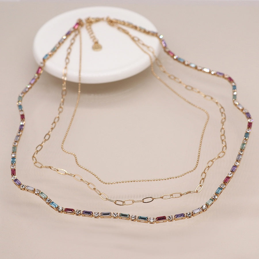Necklace: Short Triple Strand Multicolour Crystals  Mixed Chains  - Faux Gold - POM