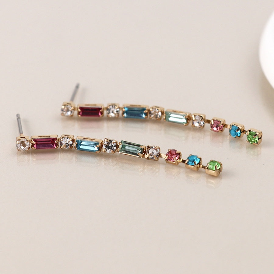 Earrings: Stud  Drop Oblong Crystals Multicoloured  - Faux Gold - POM