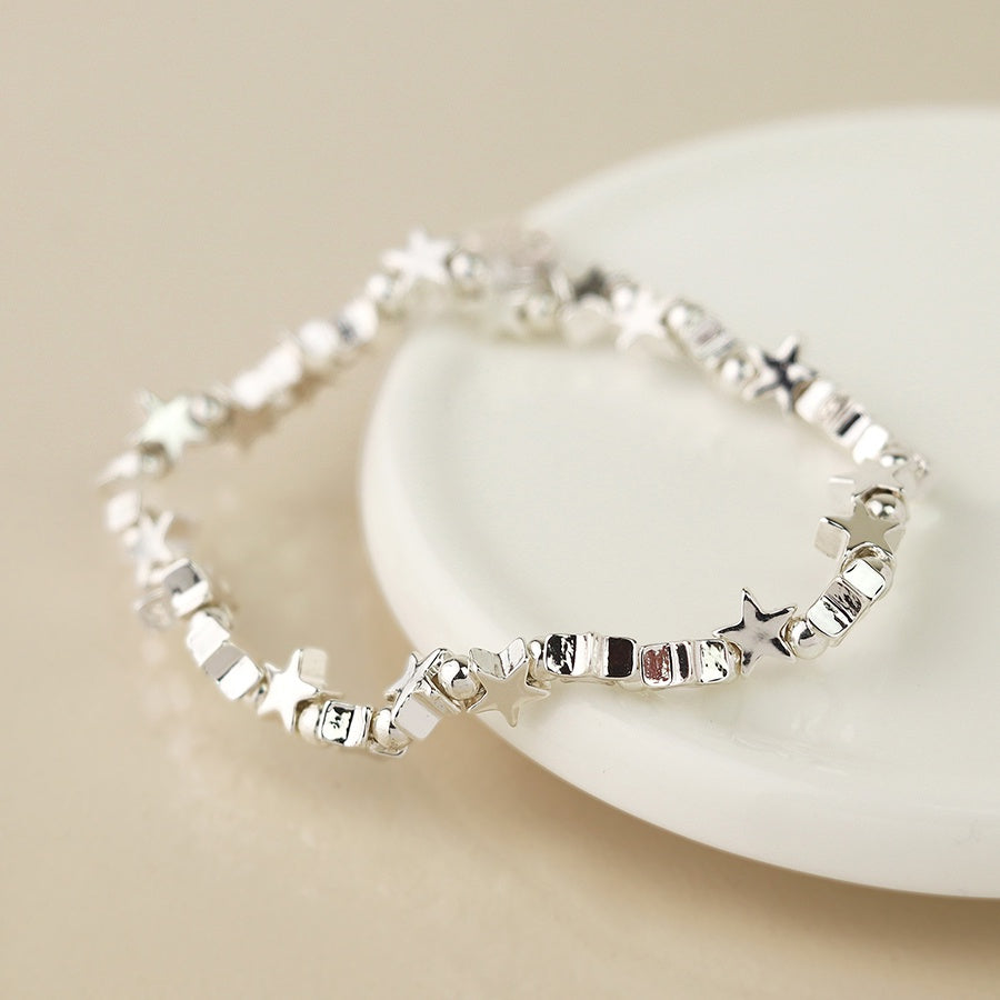 Bracelet: Stretch Polished Stars & Beads   - Silver Plated - POM