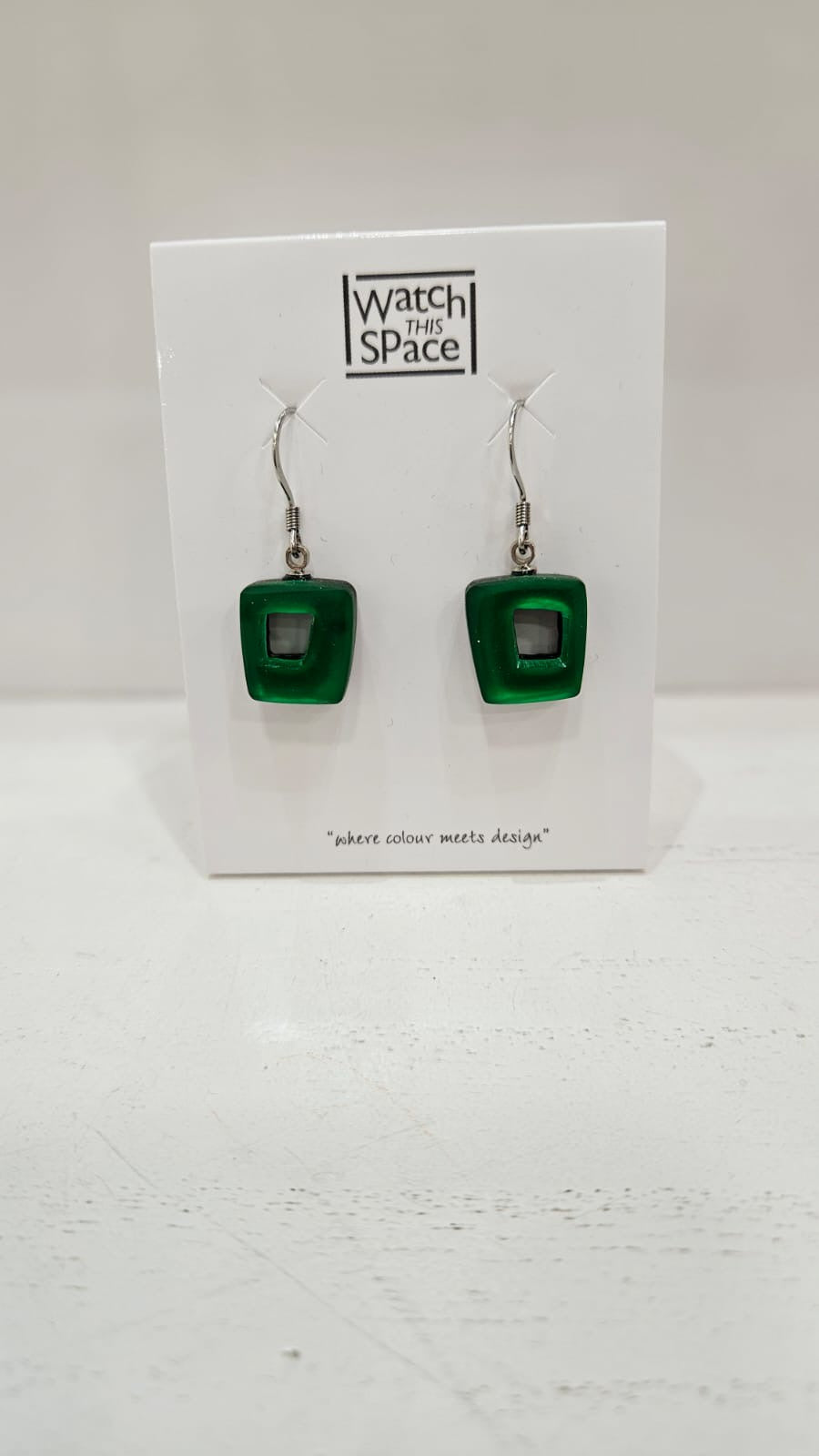Earrings: Drop Hook Hollow Square - Bright Green - Watch This Space