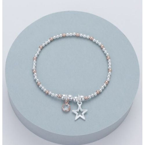 Bracelet: Stretch Beads Crystal Flat Star Charms - Silver Rose Gold