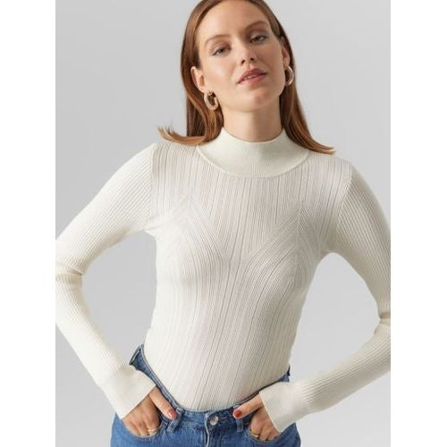 Top: High Neck Ribbed Long Sleeve SALLY - Birch - Vero Moda