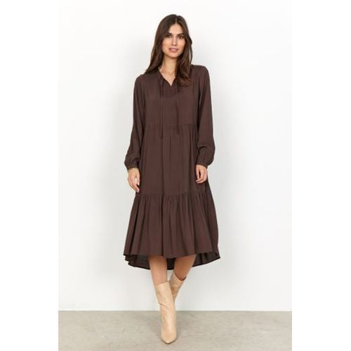 Midi Dress: Viscose Tiered Long Sleeve Radia - Chocolate Brown