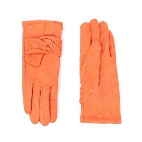 Gloves: Faux Suede Bow Wrist Twist - Orange