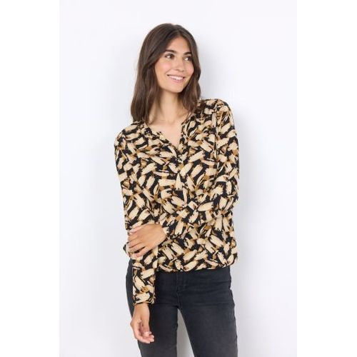 Blouse: Organic Cotton Mix V Neck Long Sleeve Paint Splash Print FELICITY - BLACK BEIGE - Soya Concept