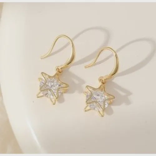 Earrings: Drop Hook Star Crystal Simple  - Gold
