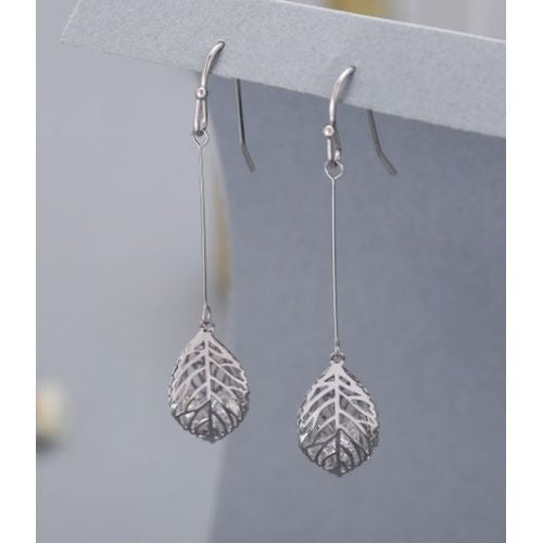 Earrings: Drop Hook Filigree Leaf Crystal - Silver