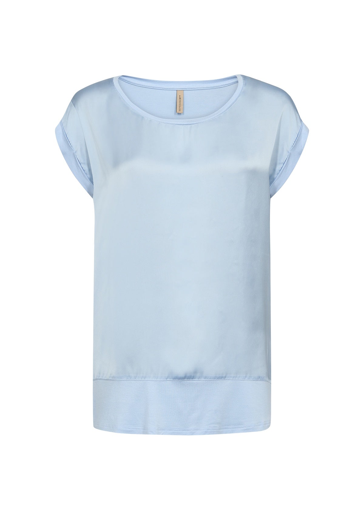 T-Shirt: Satin Front Short Cuffed Sleeve Round Neck THILDE  - LIGHT BLUE - Soya Concept