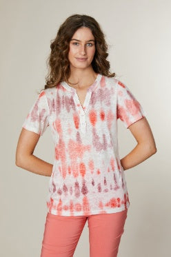Top: V Neck Buttons Short Sleeve Vertical Tie Die - PEACH - FASHION - Jessica Graaf