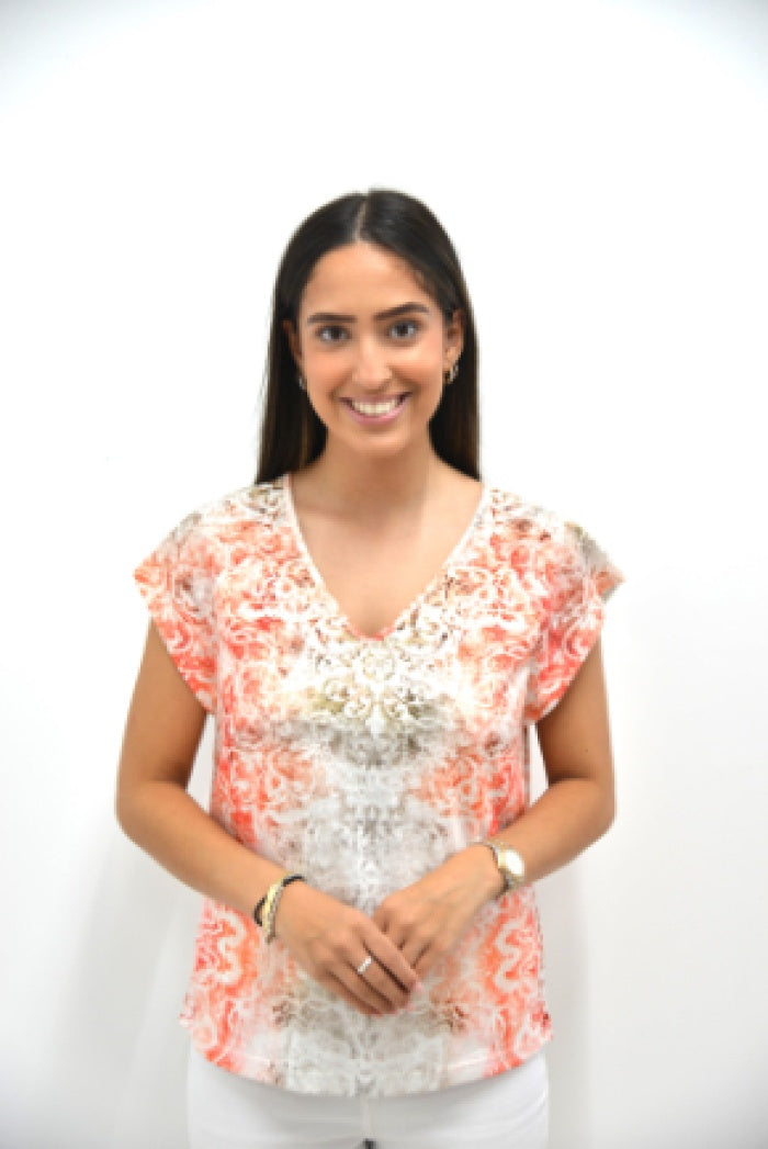 Top: V Neck Short Sleeve Floral Print - ORANGE - FASHION - Jessica Graaf