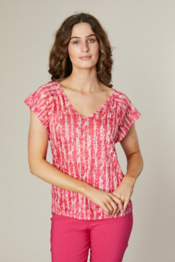 Top: V Neck Short Sleeve Vertical Abstract Stripes - FUCHSIA - FASHION - Jessica Graaf