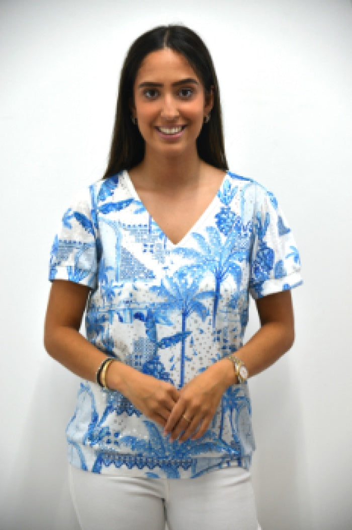Top: V Neck Short Sleeve Palm Trees - BLUE - FASHION - Jessica Graaf