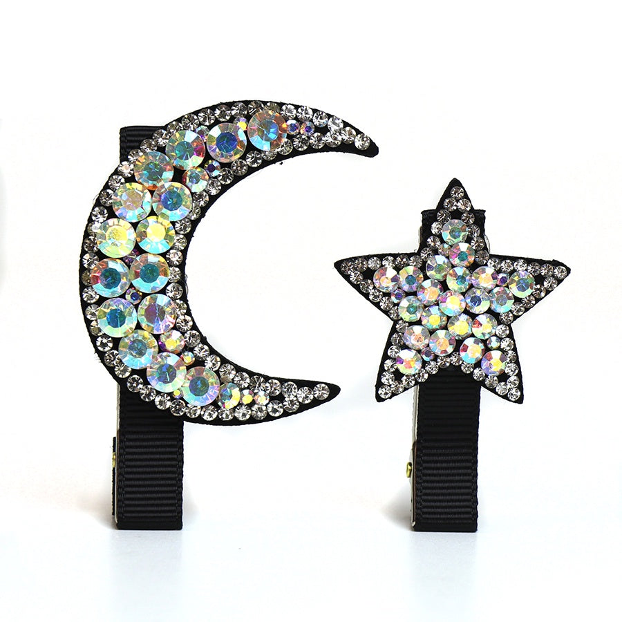 Hair Clips: Crystal Embellished Moon Star Set 2 - SILVER - POM