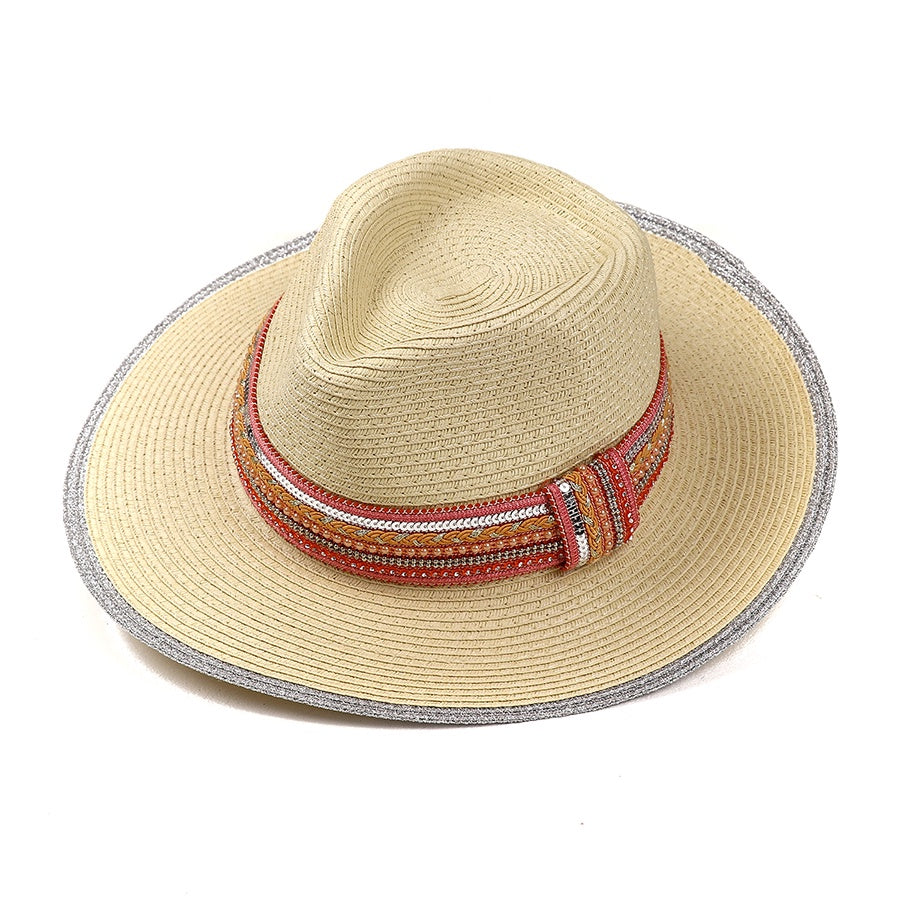 Sun Hat: Paper Straw Trilby Sequin Beaded Band - Coral - POM