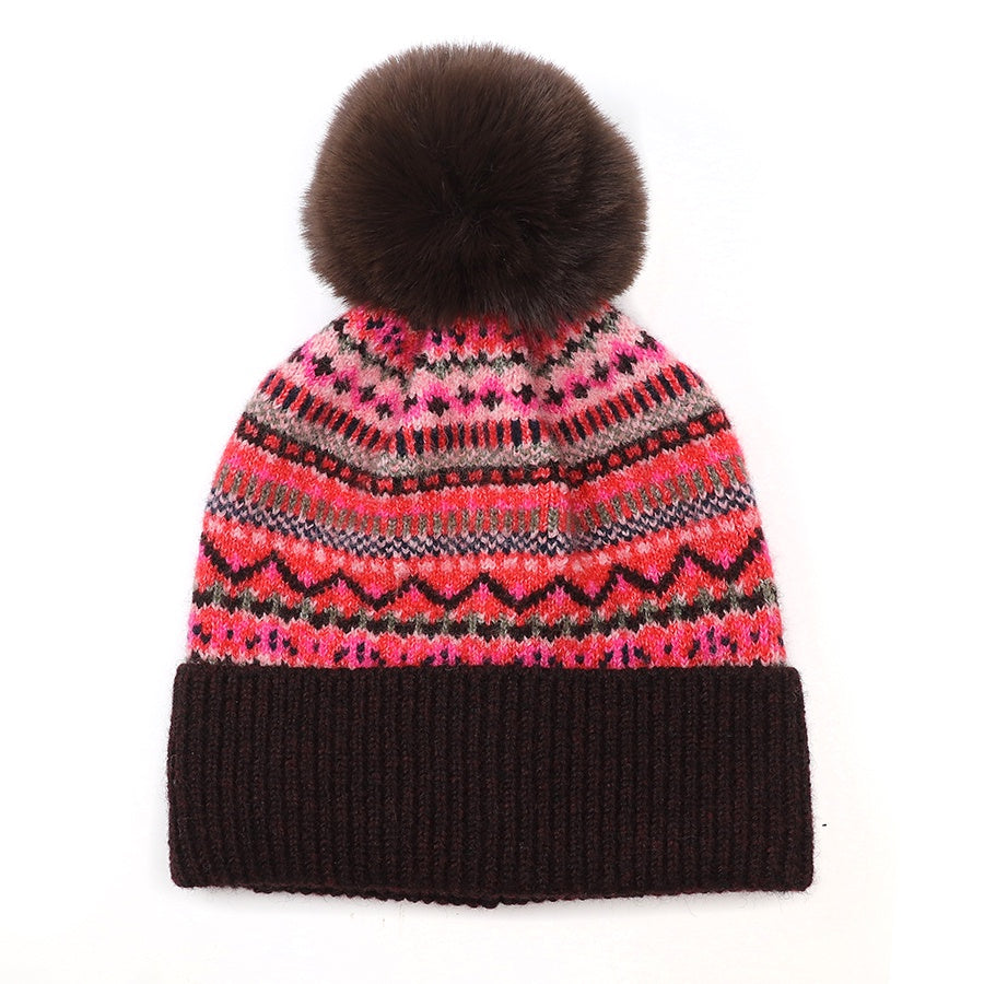 Bobble Hat: Knit Fairisle Recycled Viscose Blend - Wine & Pink - POM