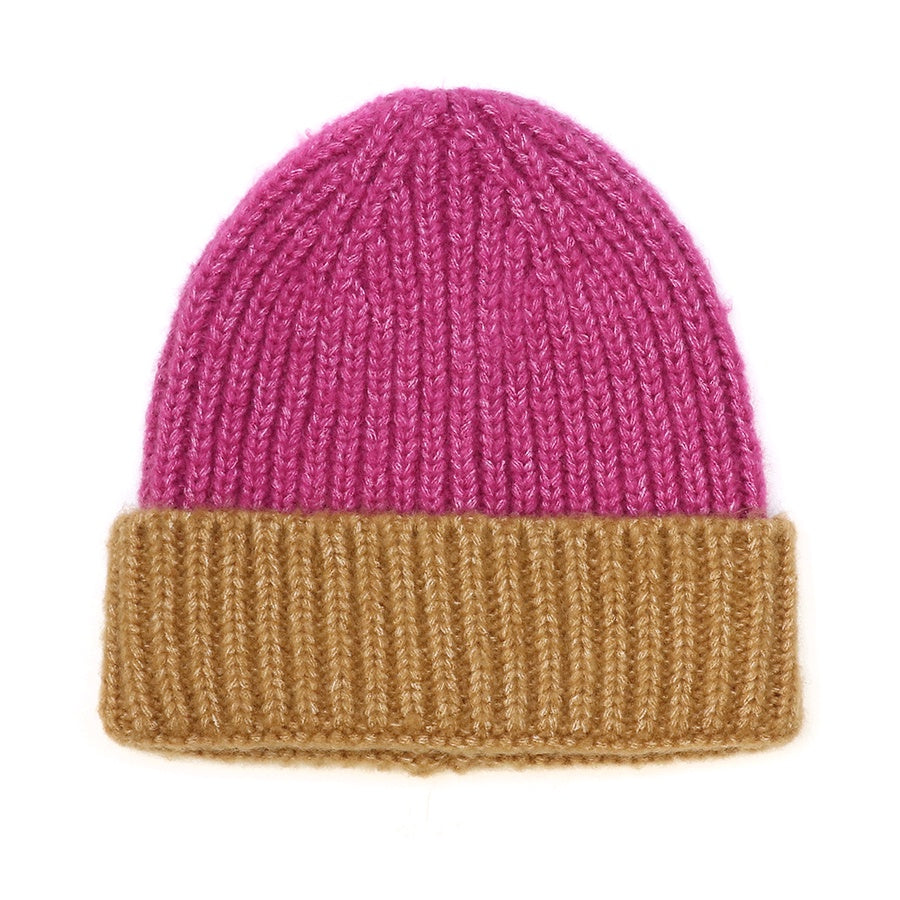 Beanie Hat: Knit Viscose Blend  Colour Block - Magenta & Brown - POM