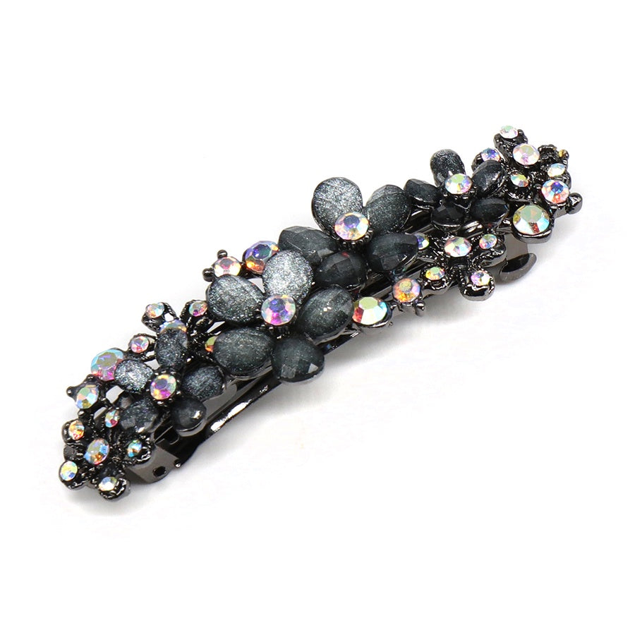 Hair Slide: Crystal Embellished Floral - Smokey Grey - POM