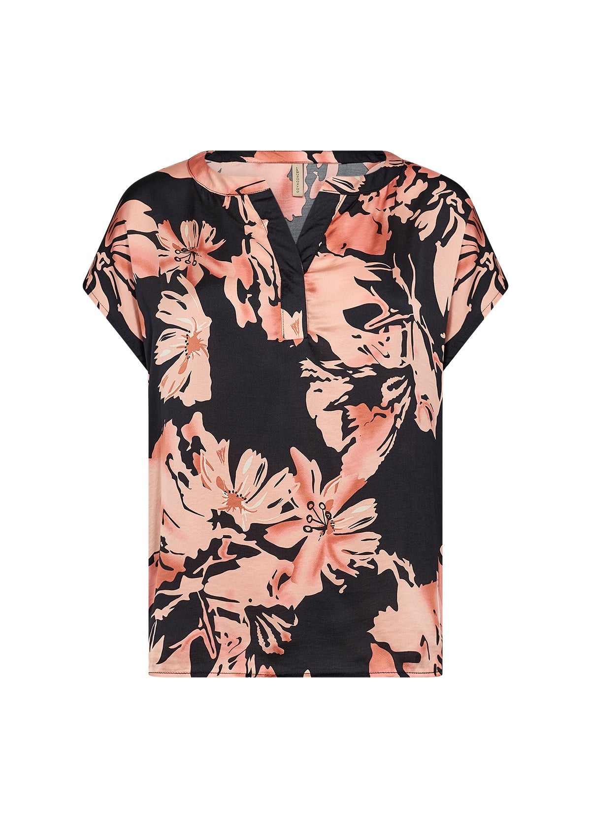 Blouse: Large Floral Print PEACH - Peach Pink & Black - Soya Concept
