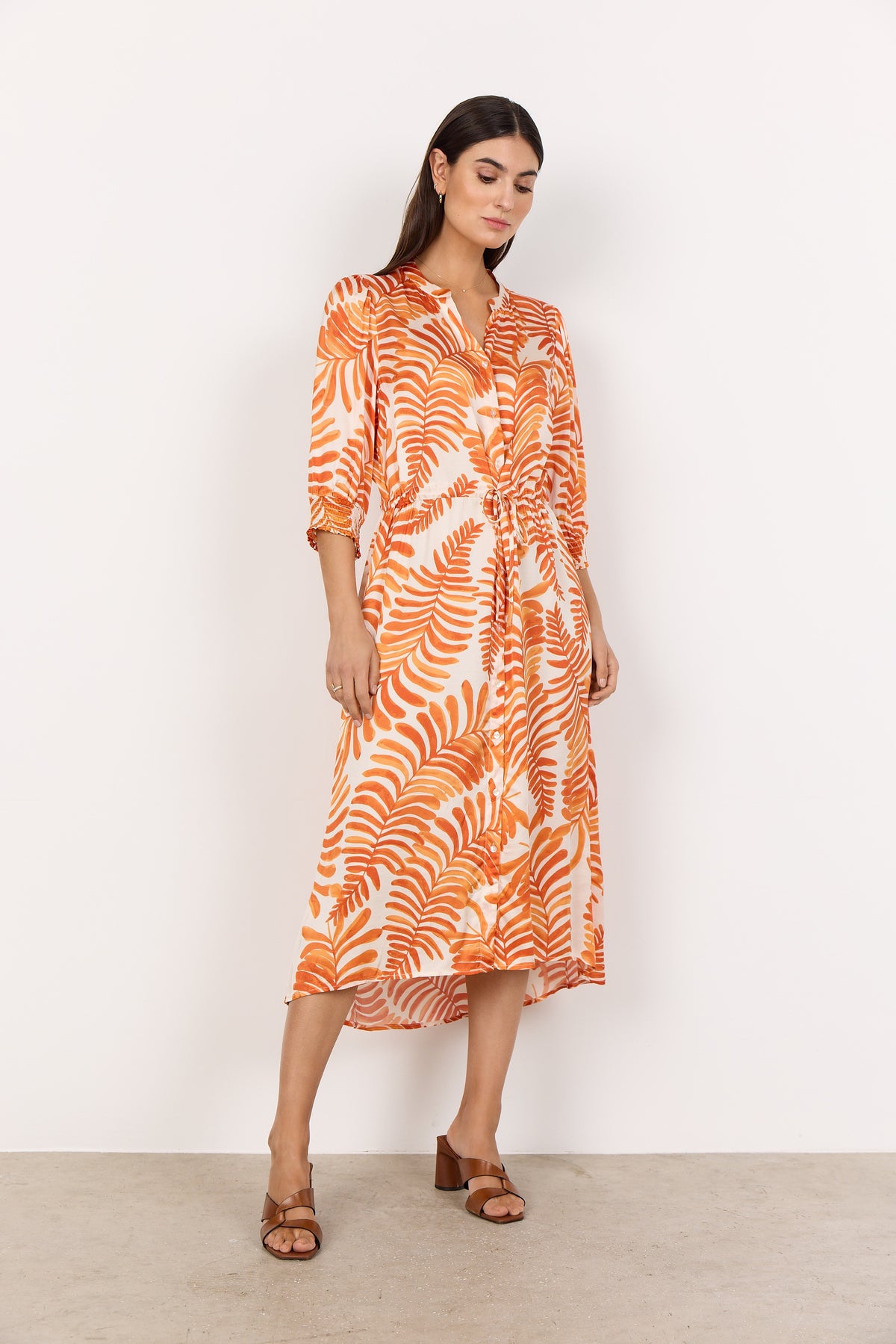 Midi Dress: VISCOSE Shirt Style Leaf Print ROCHEL - MANDARIN ORANGE  - Soya Concept