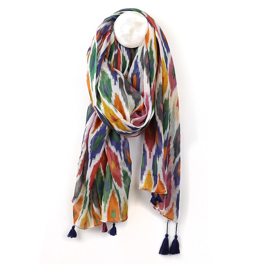 Scarf: Organic Cotton Diamond Ikat Print Tassles - Multicolour - POM