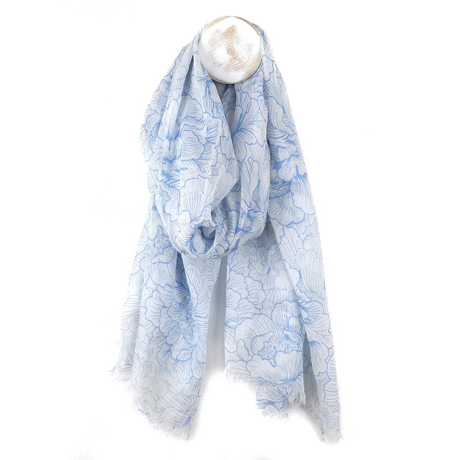Scarf: Organic Cotton Outline Flower  - Denim Blue - POM