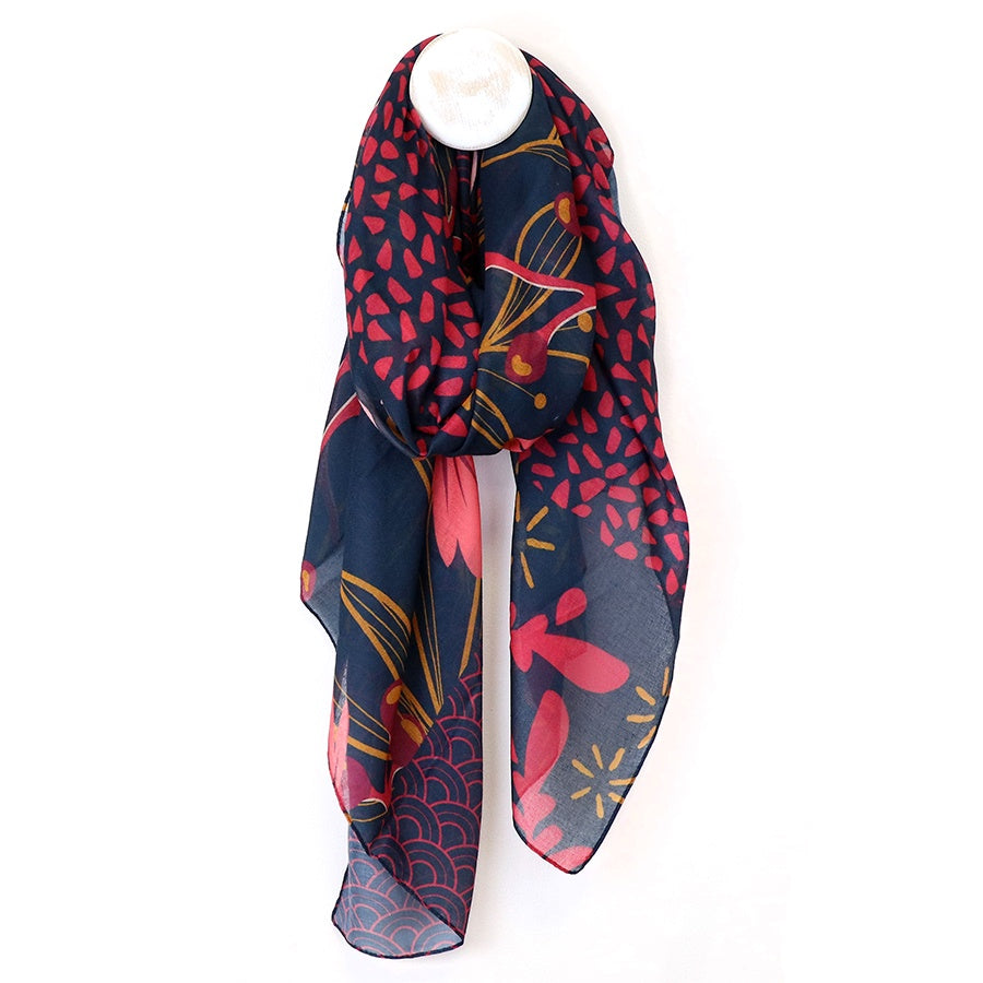 Scarf: Lightweight Winter Foliage Repreve - Navy & Red - POM
