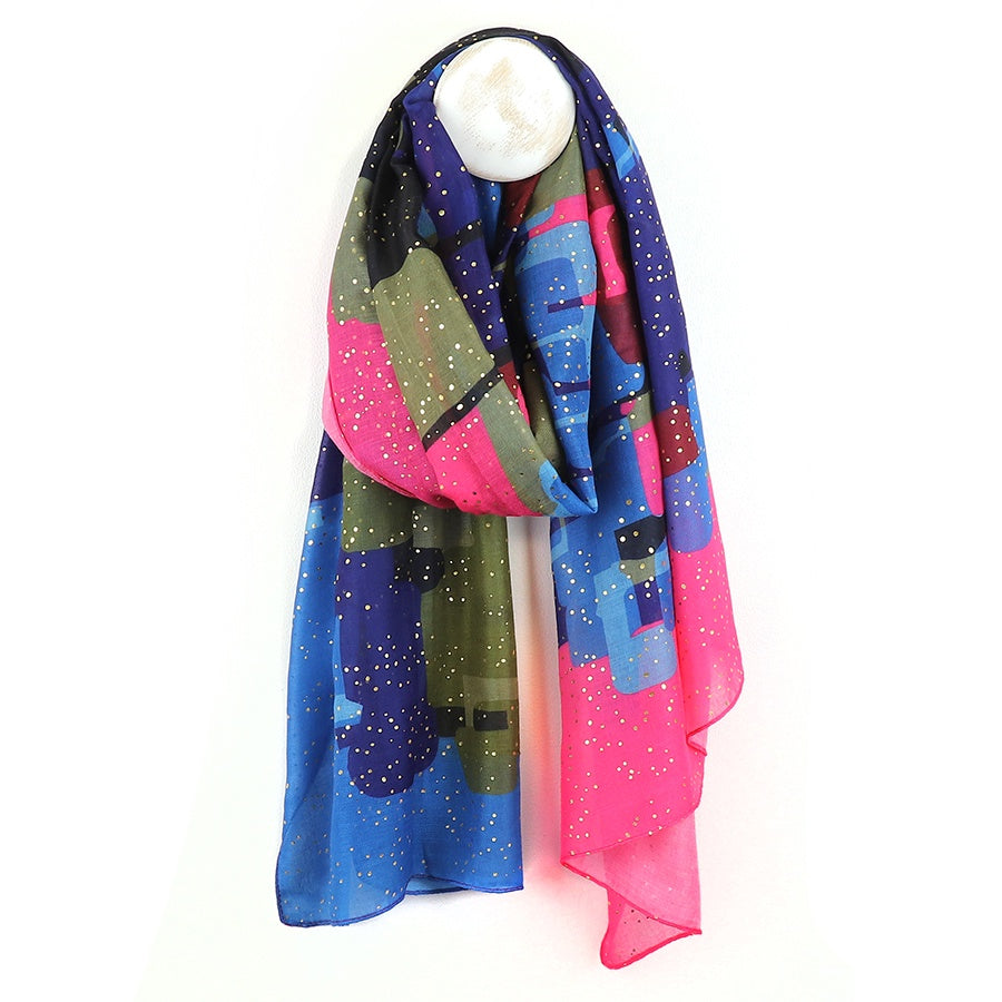 Scarf: Lightweight Abstract Colour Block Foil Overlay - Blue Khaki & Pink - POM