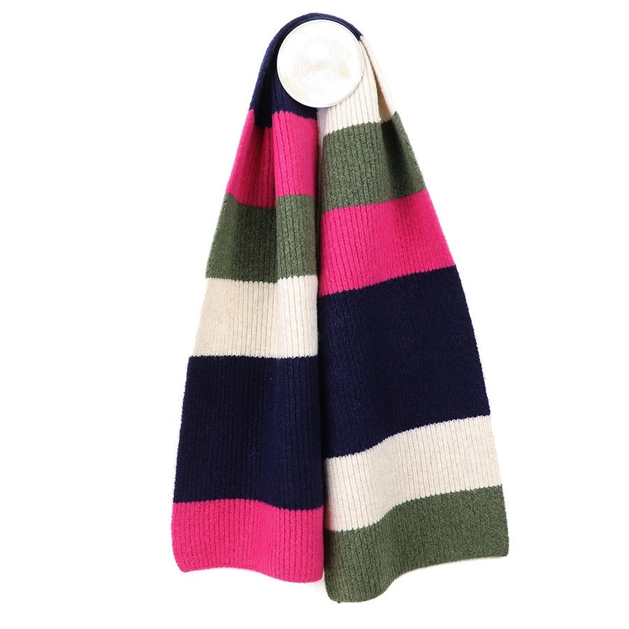 Scarf: Knit Recycled Wool Blend Colour Block Striped - Khaki Pink & Navy - POM