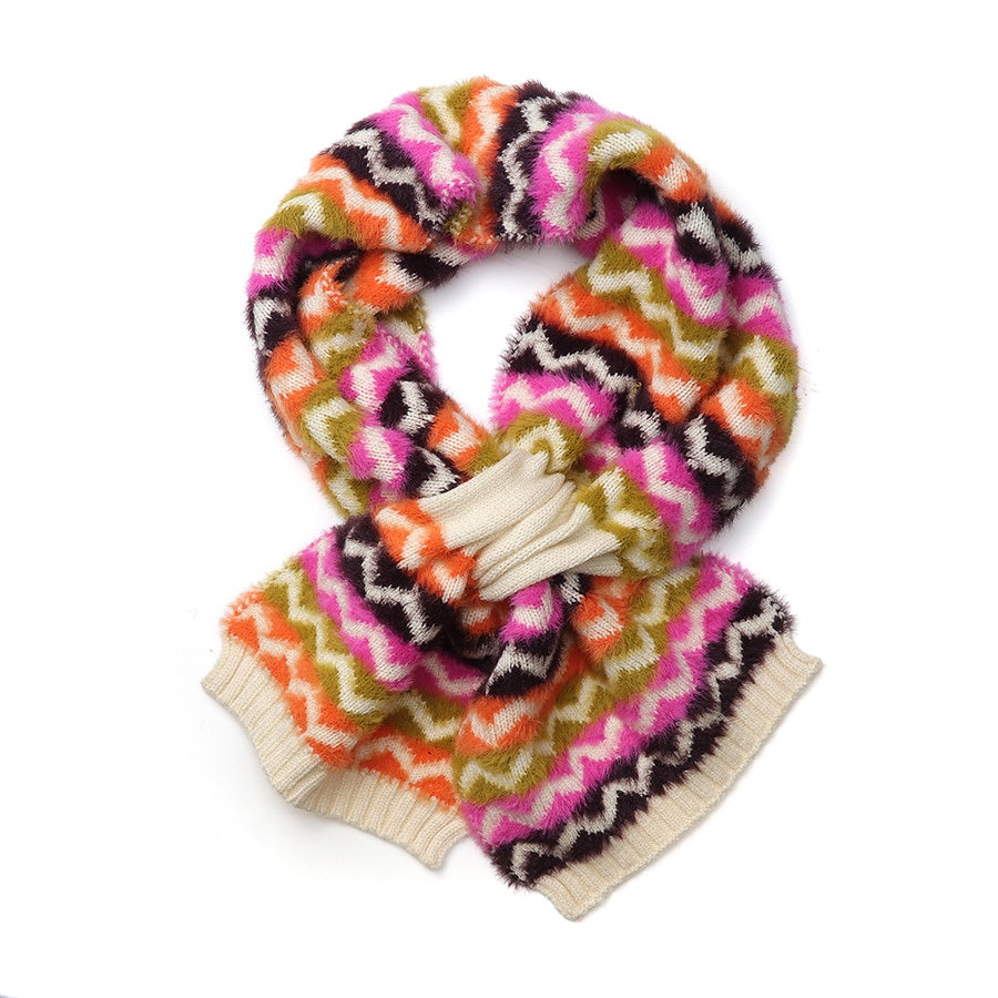 Pull Through Scarf: Knit Fluffy Viscose Blend Chevron - Autumnal Brights - POM