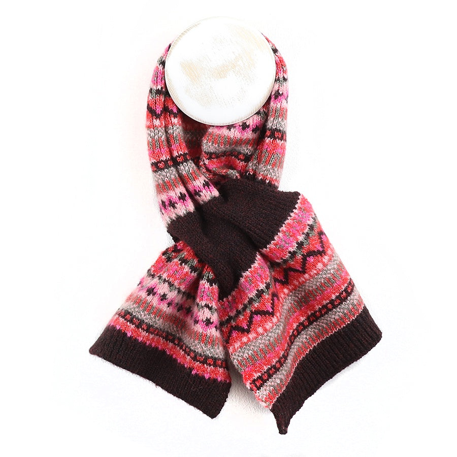 Pull Through Scarf: Knit Fairisle Recycled Viscose Blend - Wine & Pink - POM