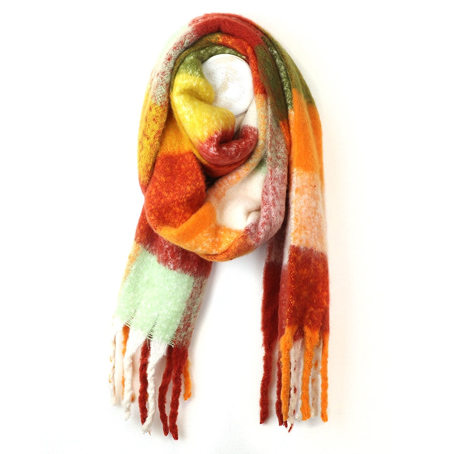 Scarf: Chunky Fluffy 50% RECYCLED Checked - Oranges - POM