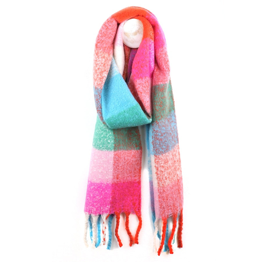 Scarf: Chunky Fluffy 50% RECYCLED Checked - Pink & Blue - POM