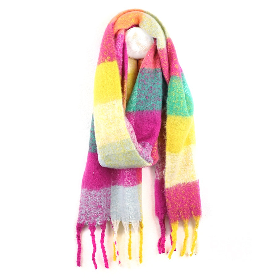 Scarf: Chunky Fluffy 50% RECYCLED Checked - Pink & Yellow - POM