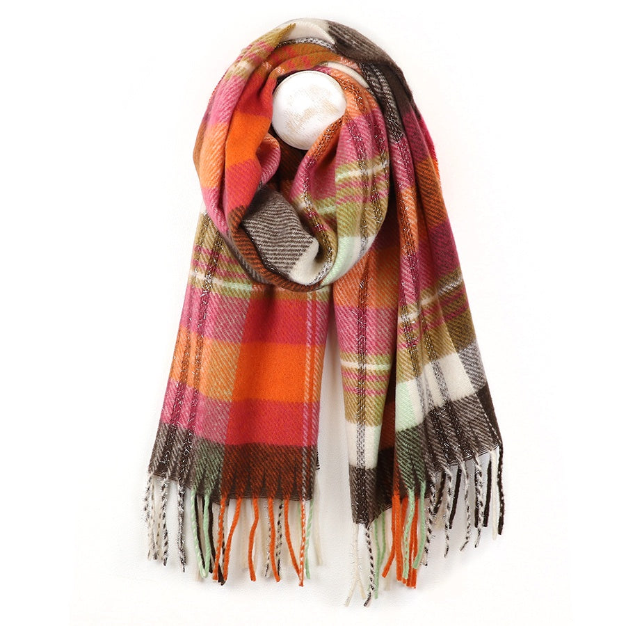 Scarf: Midweight Soft  Tartan Checked - Orange & Ochre - POM