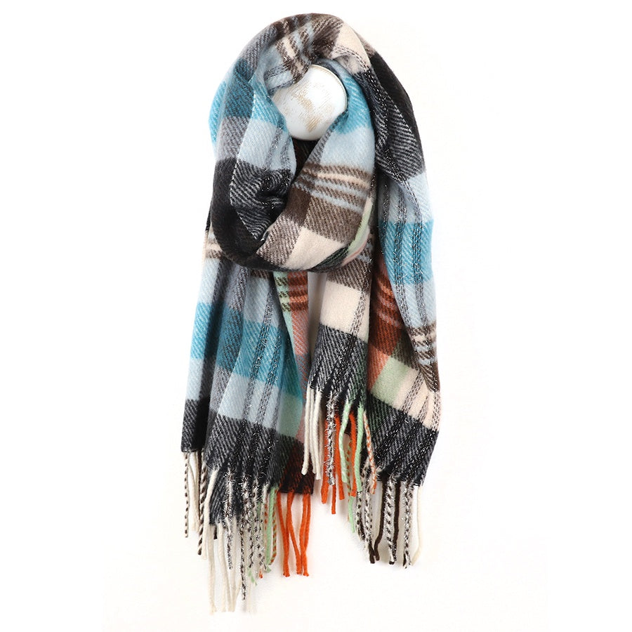 Scarf: Midweight Soft  Tartan Checked - Blue & Grey - POM