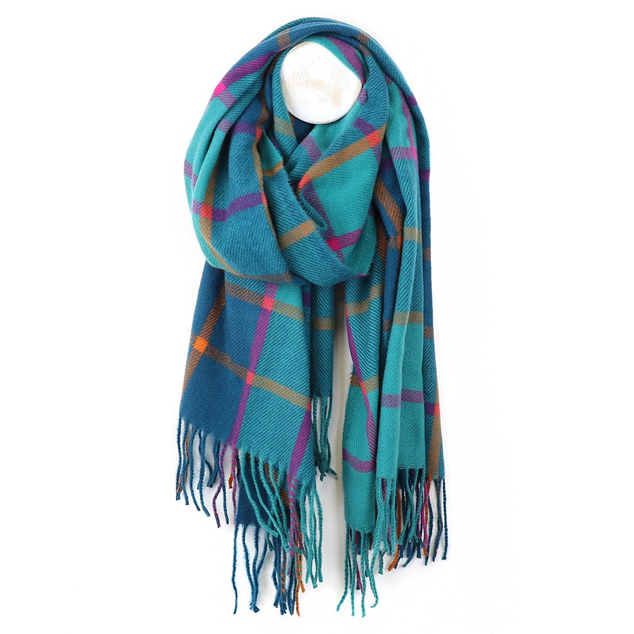 Scarf: Midweight Soft  Checked  - Teal Blue & Purple - POM