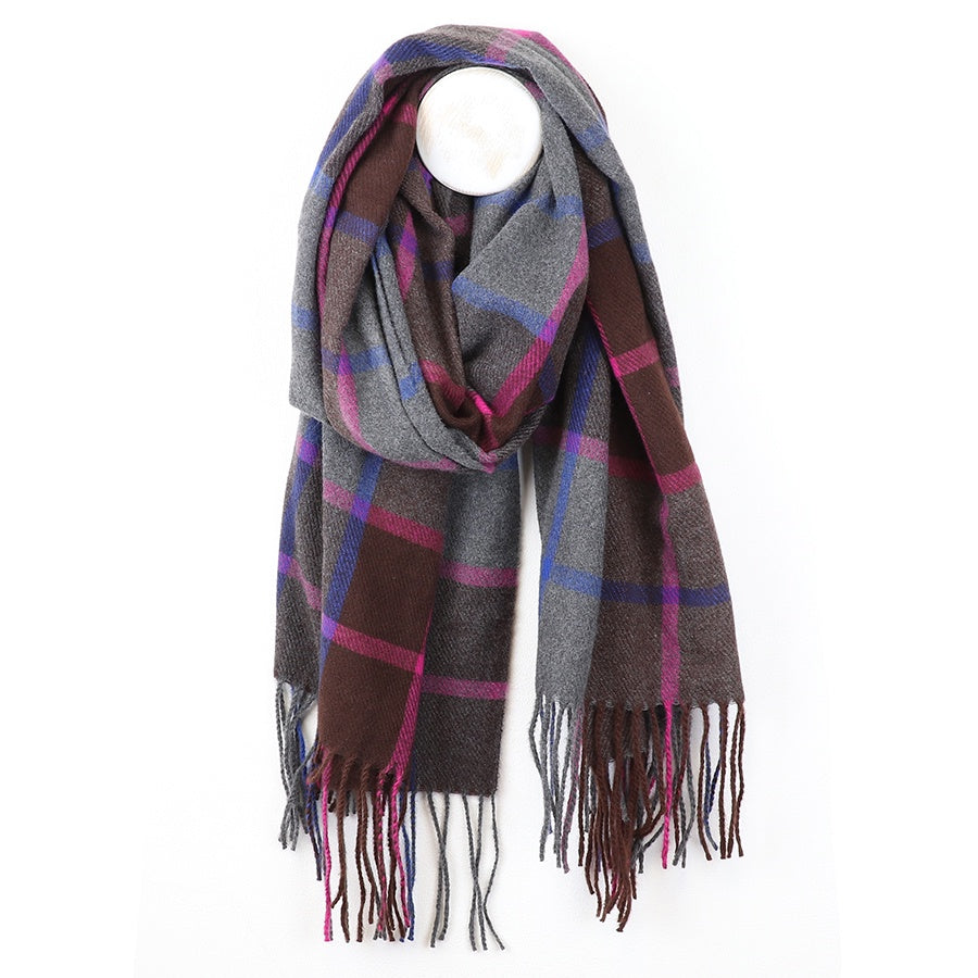Scarf: Midweight Soft  Checked  - Grey & Purple - POM