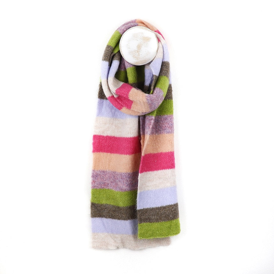 Scarf: Knit Multistripe Rainbow - Green & Pink - POM