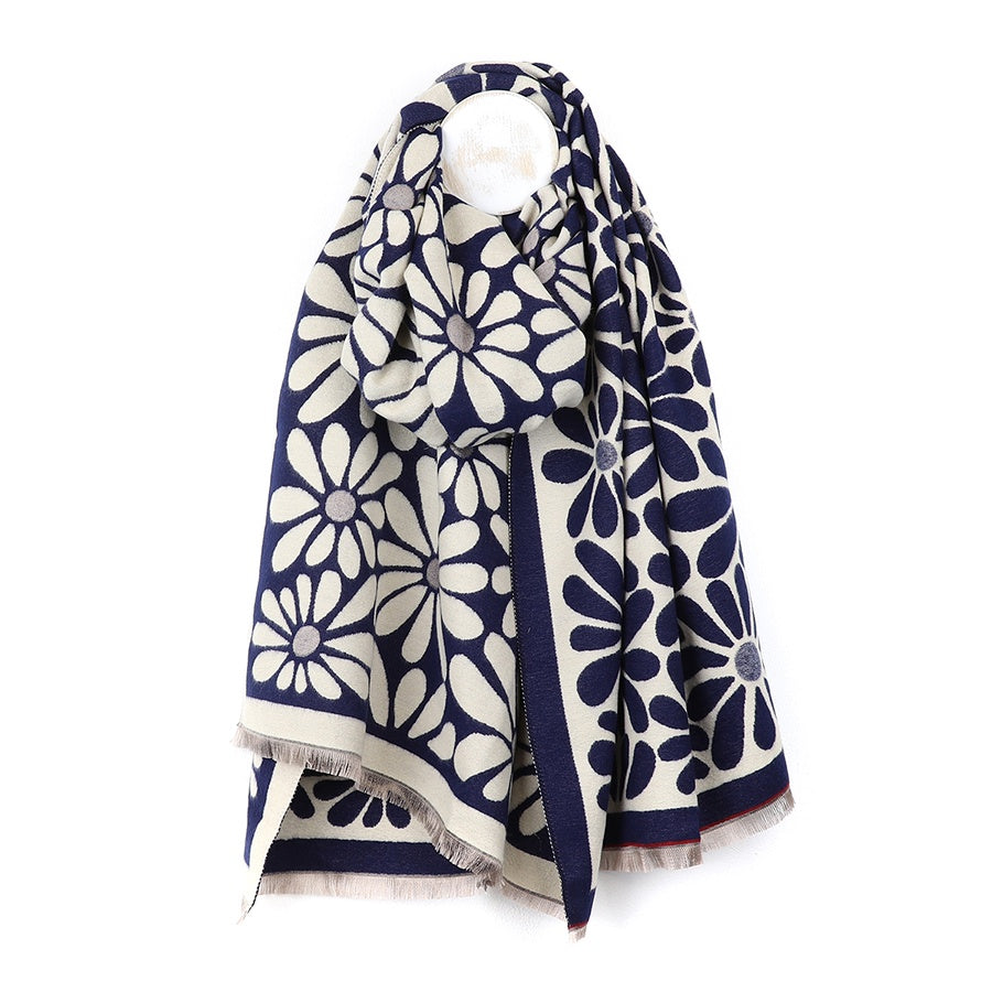 Scarf: Blanket Bold Floral Reversible Jacquard Eyelash Fringe - Navy Ecru - POM
