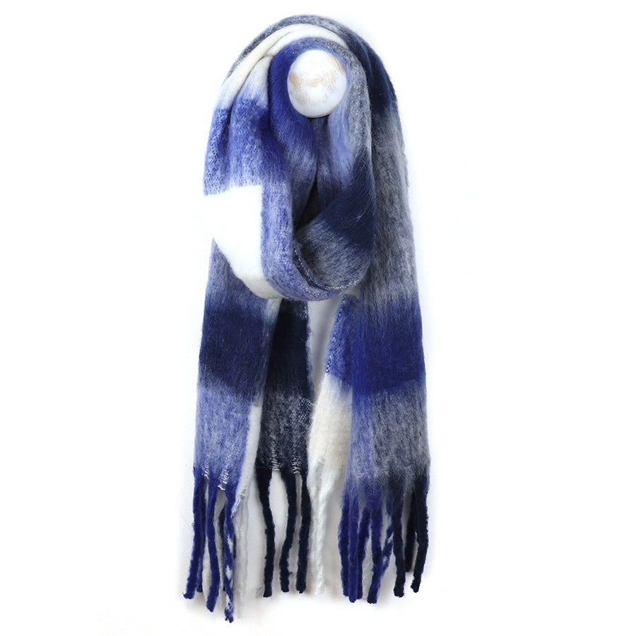 Scarf: Chunky Fluffy Checked Fringed - Royal Blue - POM