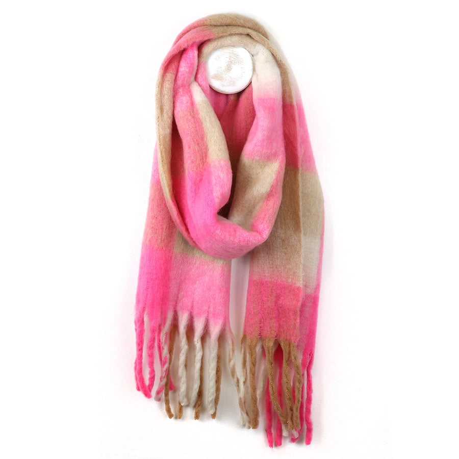Scarf: Chunky Fluffy Checked Fringed - Pink & Beige - POM