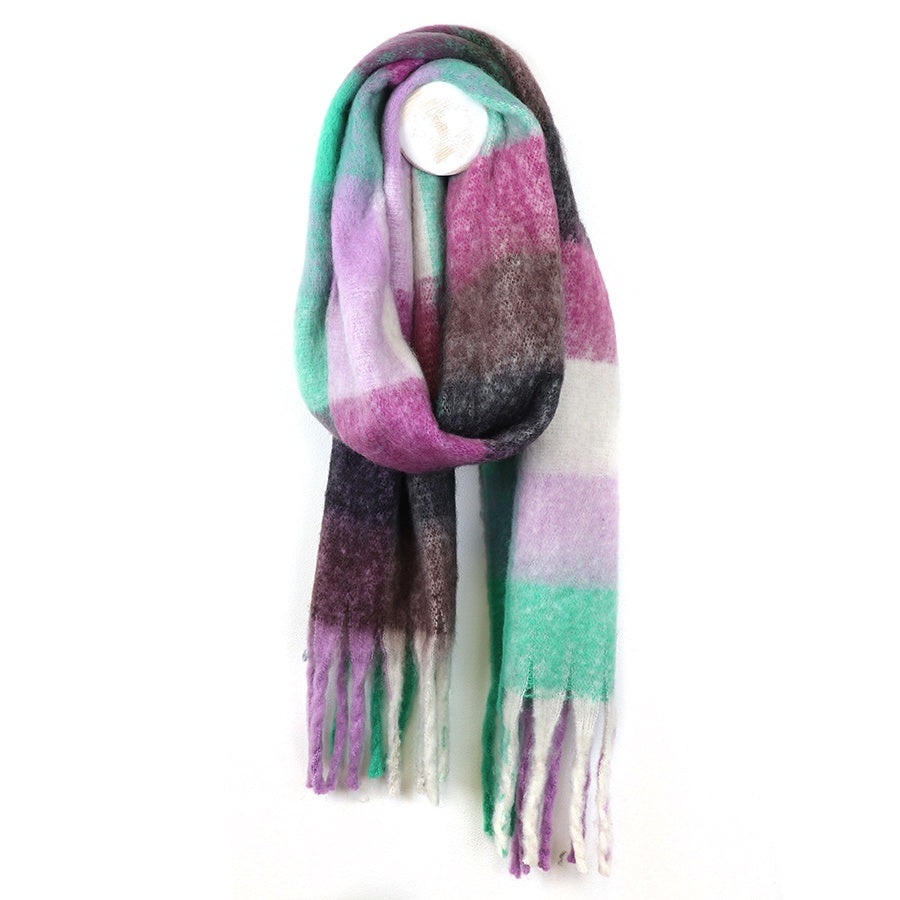 Scarf: Chunky Fluffy Checked Fringed - Lilac & Aqua - POM