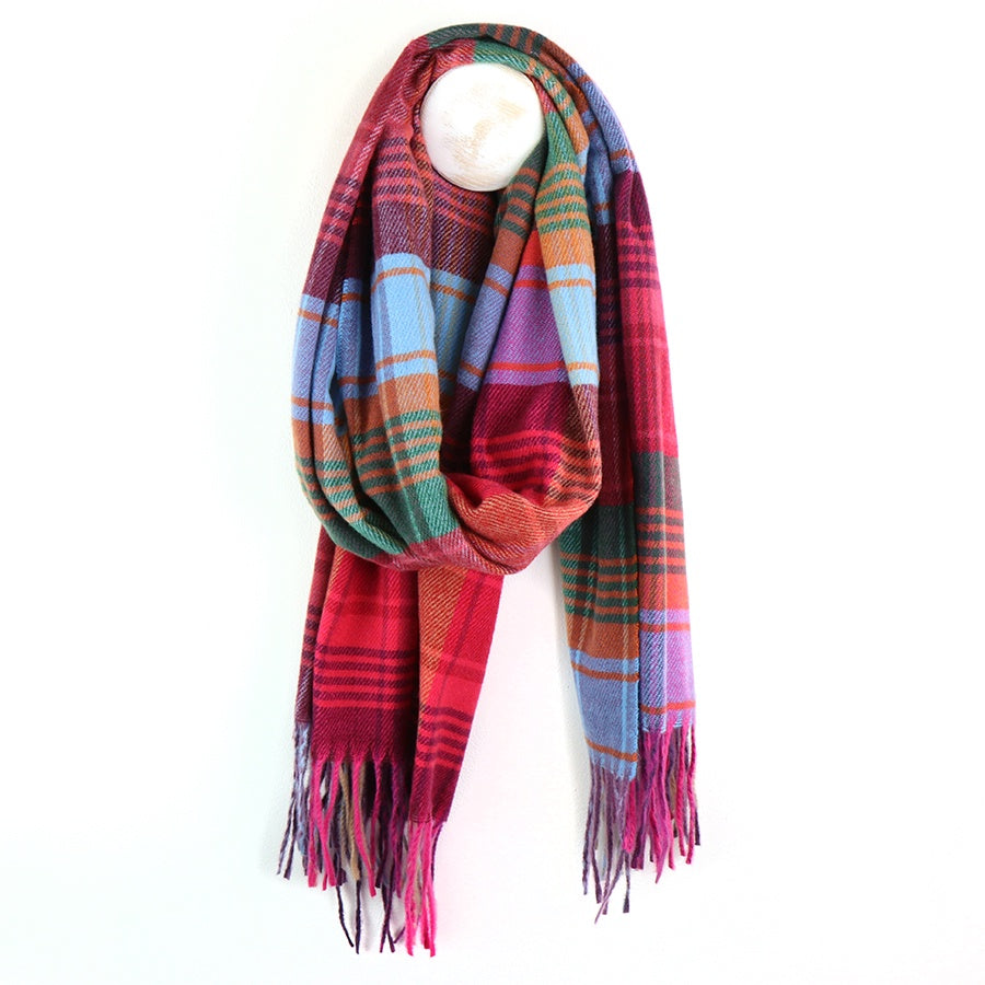 Scarf: Midweight Soft  Bright Check Fringed - Red &Teal - POM