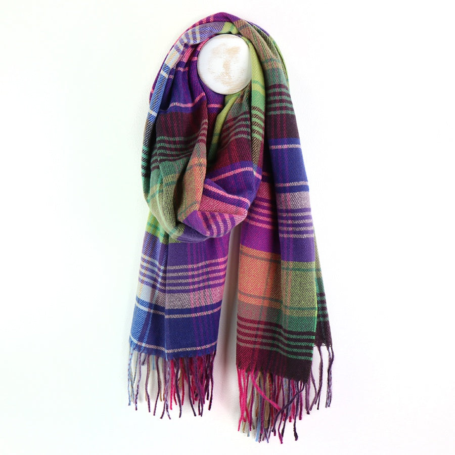 Scarf: Midweight Soft  Bright Check Fringed - Violet & Green - POM
