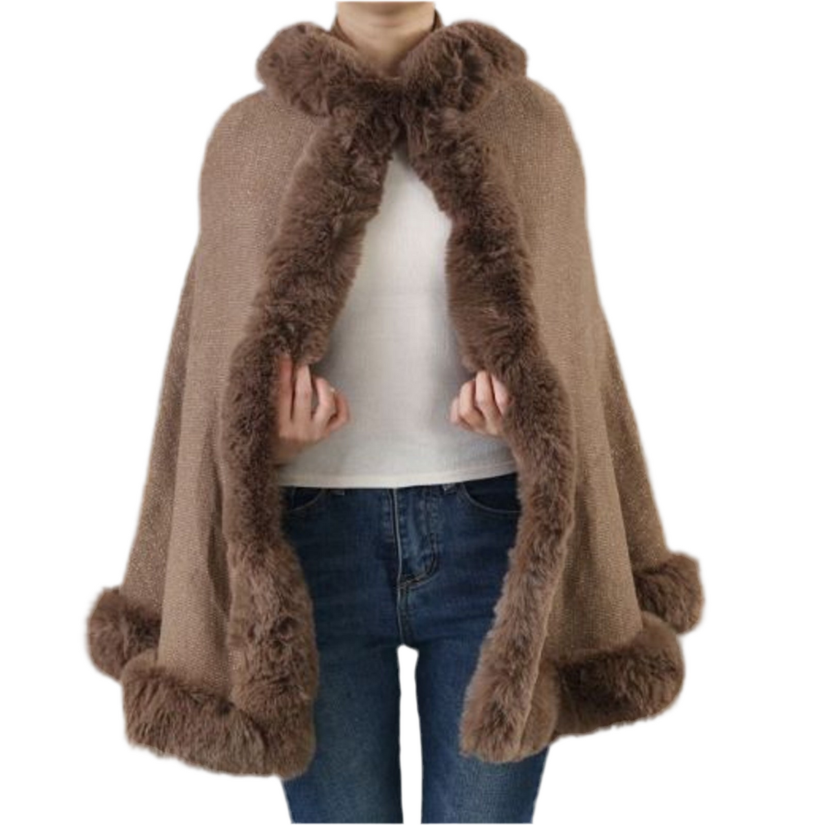 Poncho/Cape: Faux Fur Glitter Hood One Size - Brown