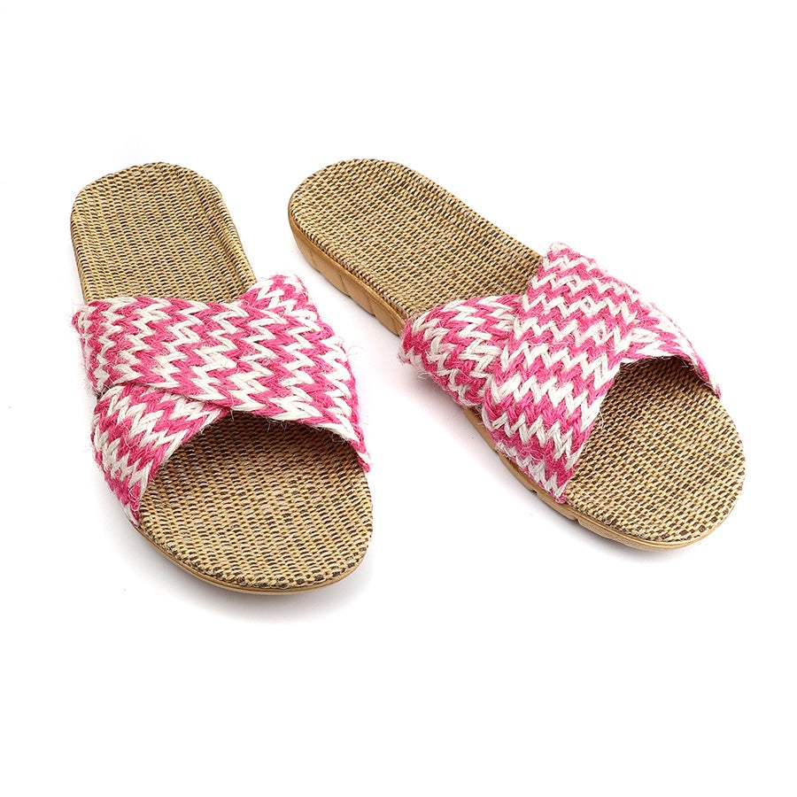 Sandals: Sliders Jute Chevron Flax Lining Large - Pink & White - POM