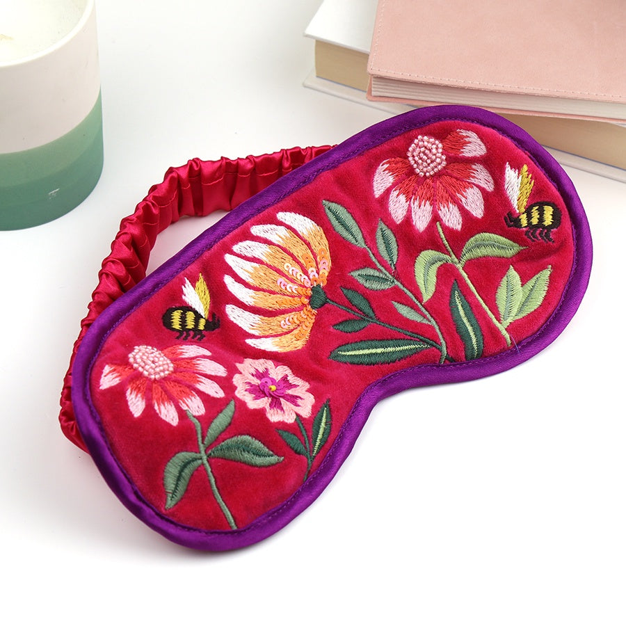 Eye Mask: Velvet Embroidered Floral Satin Trim - FUCHSIA PINK - POM