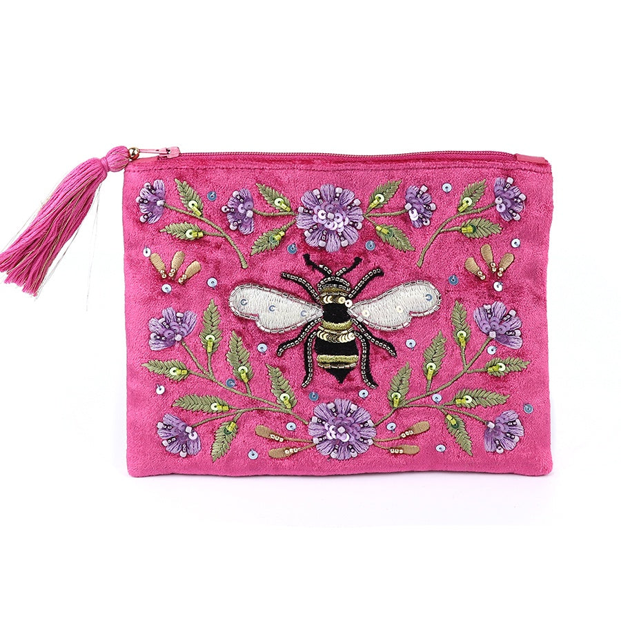 Pouch: Velvet Embroidery Floral Bee - Bright Pink - POM