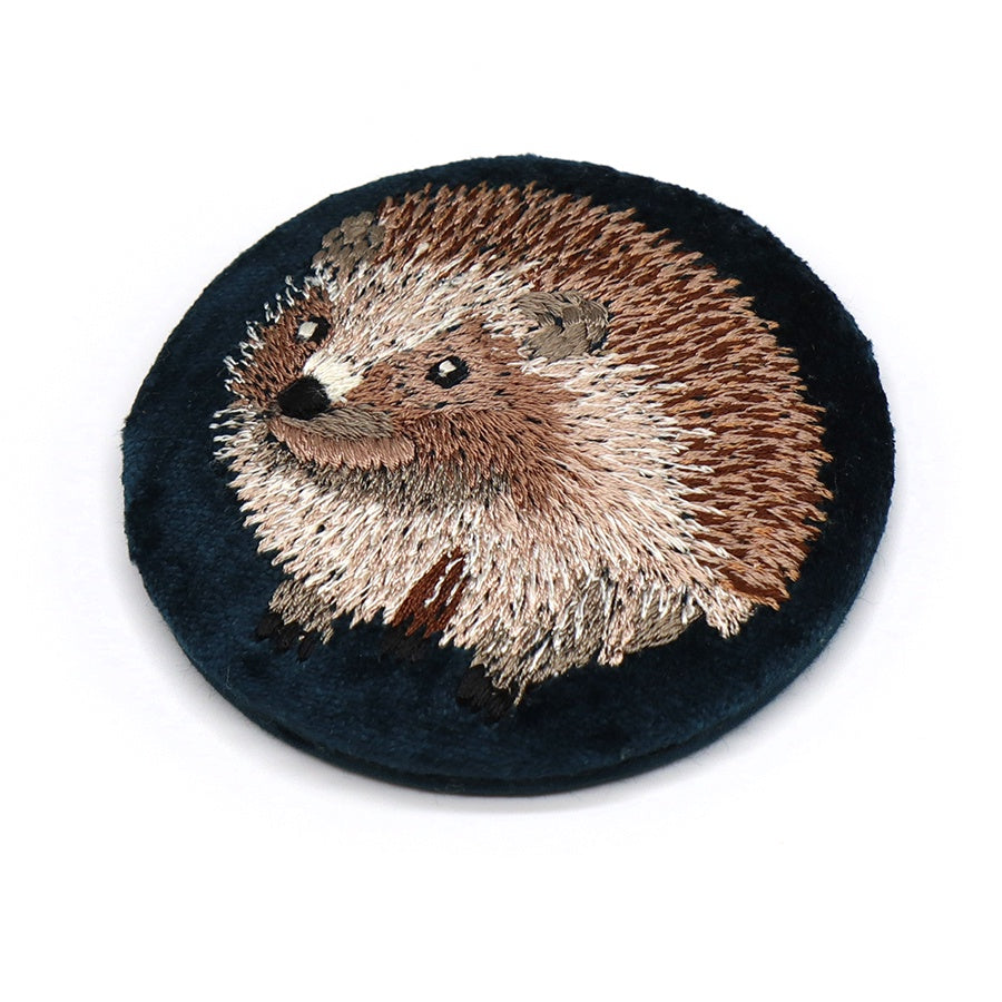 Compact Mirror: Velvet Embroidered Hedgehog & Leaves - Teal - POM